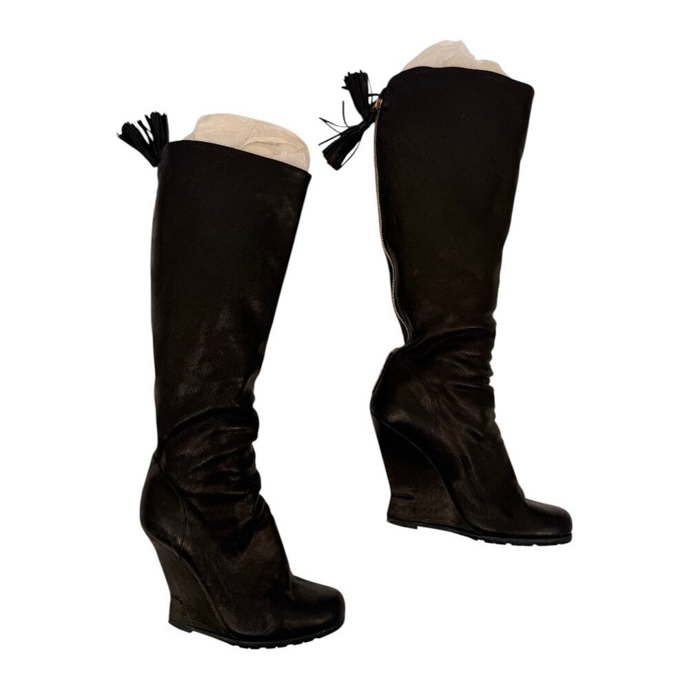 YSL Yves Saint Laurent Leather Wedge Knee High Boots Black Women's Size 38.5